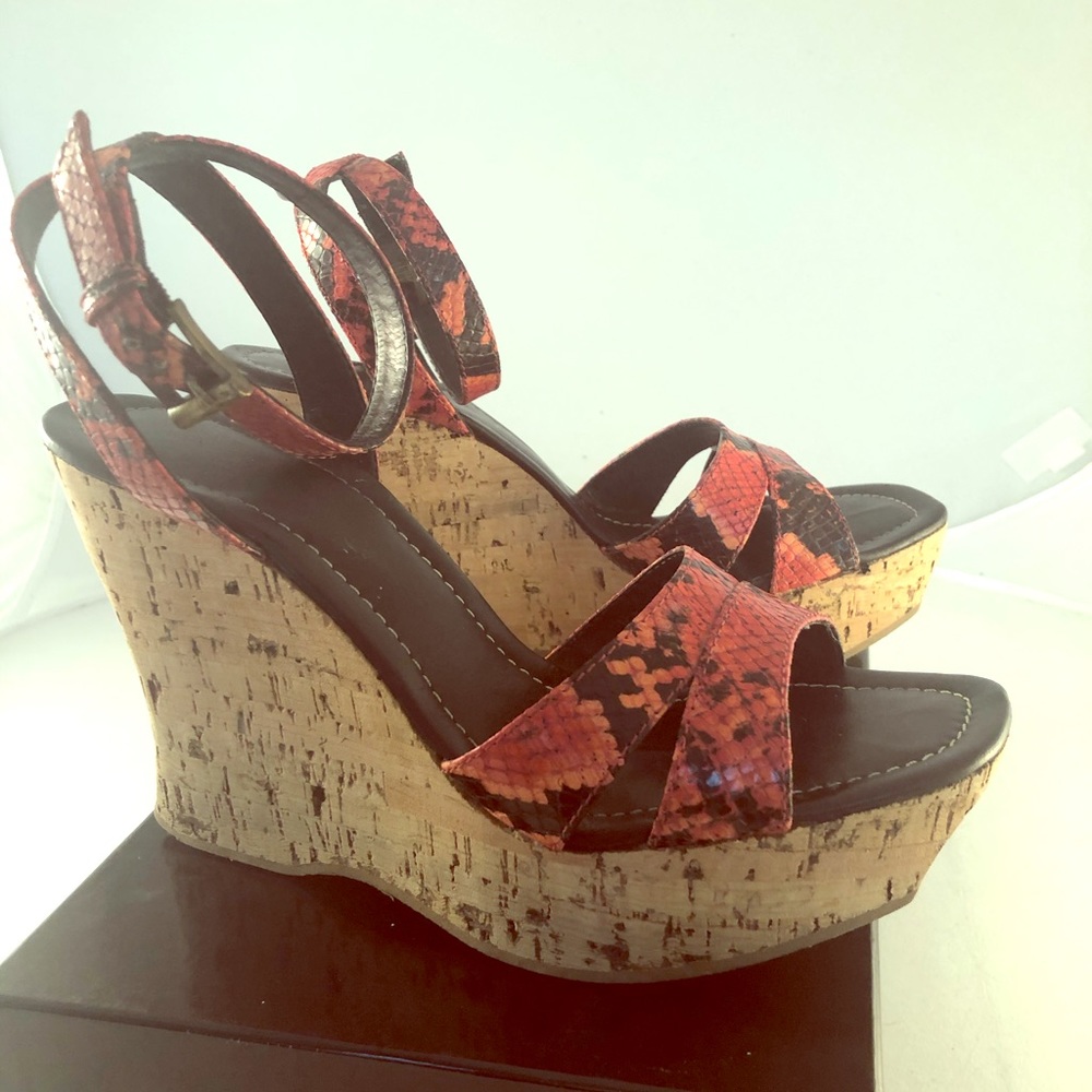 Red leather cork wedge sandals size 8.5M.